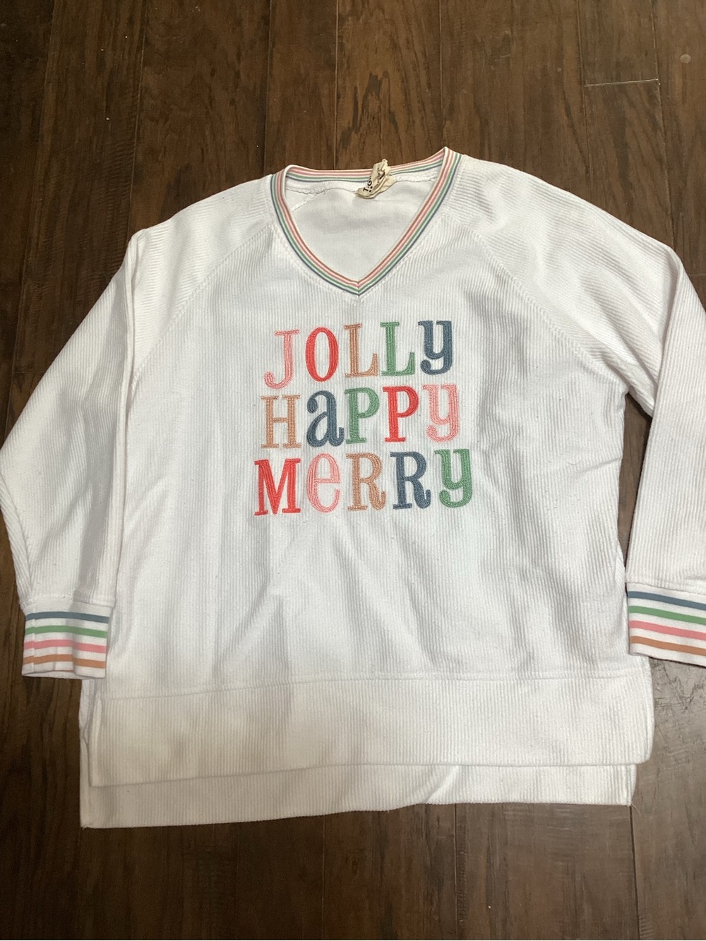 White V-Neck 'Jolly Happy Merry' Waffle Pullover